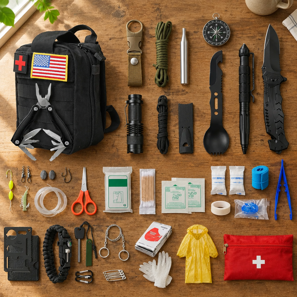 All 47 pieces of the Holdout 72 Kit laid out on a kitchen table