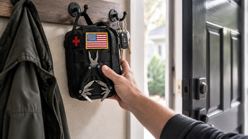 Hand grabbing the Holdout 72 Kit off a hook by the front door
