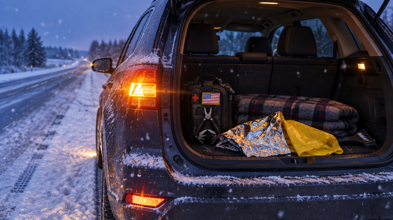 Holdout 72 Kit in the trunk of a car on a snowy roadside