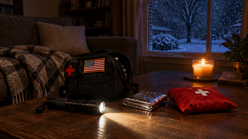 Holdout 72 Kit on a coffee table during a winter power outage